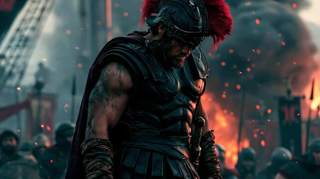 Roman Commander After Battle: A battle-worn Roman commander, clad in imposing armor and a crimson-plumed helmet, surveys a scene of destruction and fire.