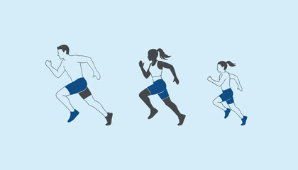 Obraz premium Silhouette representation of a man, a woman, and a young girl running side by side against a light blue background.