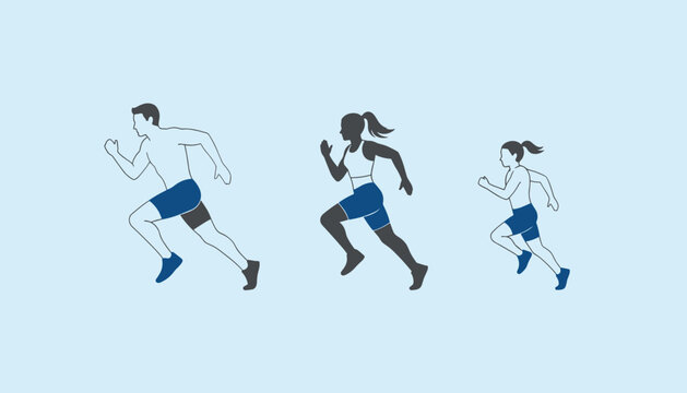 Silhouette representation of a man, a woman, and a young girl running side by side against a light blue background.