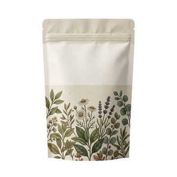 Natural kraft paper pouch bag with organic herbal tea and floral botanical design