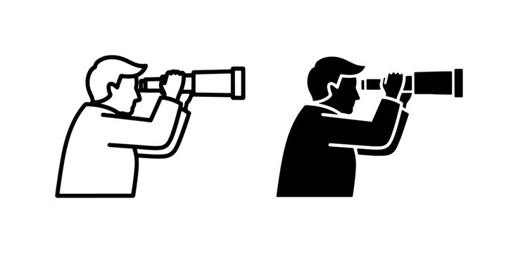 Man with telescope icon, looking forward, search and discovery concept, business vision