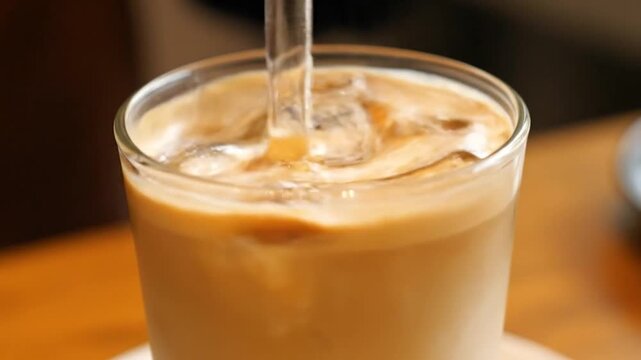 Close-up of Iced Coffee Being Stirred with a Straw, Refreshing Cold Beverage.