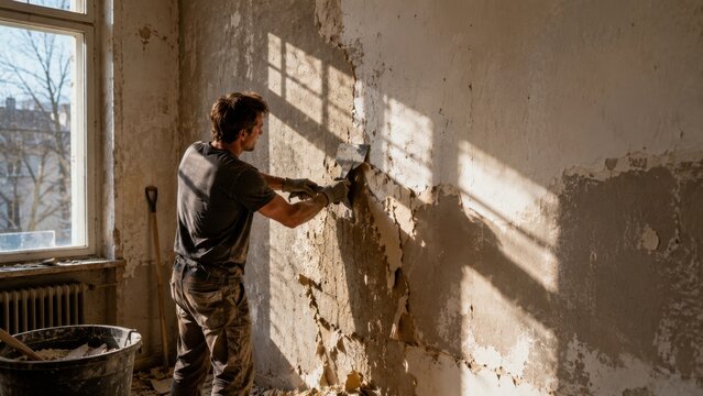Worker Removing Old Wall Plaster During Bright Home Interior Renovation Project