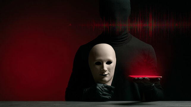 Mysterious Identity: A shrouded figure in black, obscuring their face, holds a blank mask, symbolizing enigma and hidden truths, set against a stark, dramatic backdrop with a red light effect