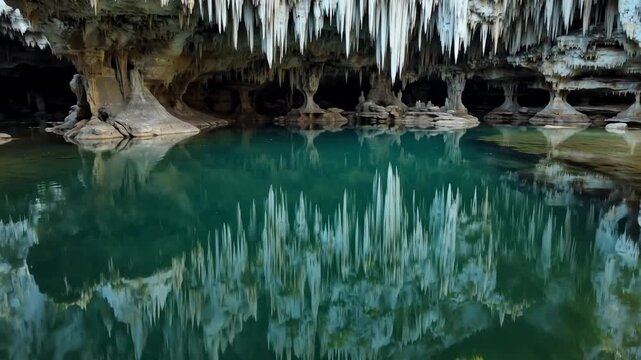 Stalactites hanging over a calm, reflective underground lake in a limestone cave