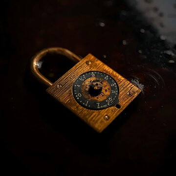 A lock trapped in resin evokes encryption's stillness without a padlock-on-circuit clich&eacute;.