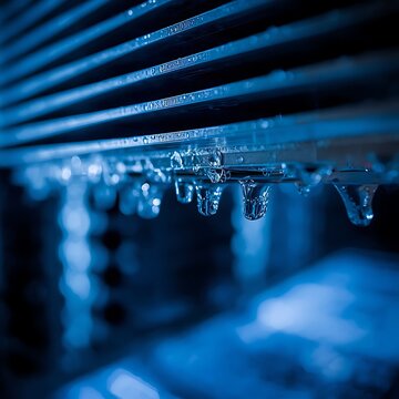 Condensation on cooling fins conveys cloud infrastructure through texture, not clich&eacute;s.