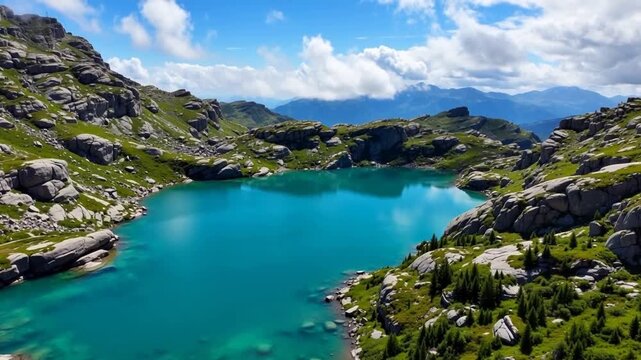 Aerial view of a turquoise alpine lake surrounded by rocky mountains and green slopes under a partly cloudy sky