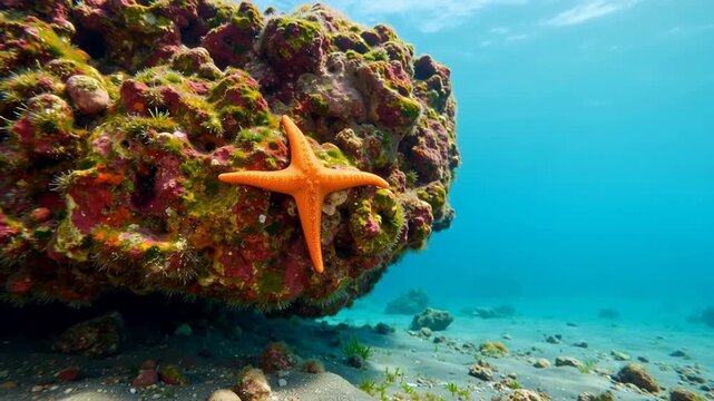 Orange starfish resting on a colorful coral rock underwater in clear blue water
