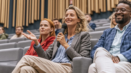 Fototapeta premium Questioning a Speaker: A confident woman holds a microphone and asks a question during a conference or lecture, engaging with the audience and sharing her thoughts, while others listen attentively.