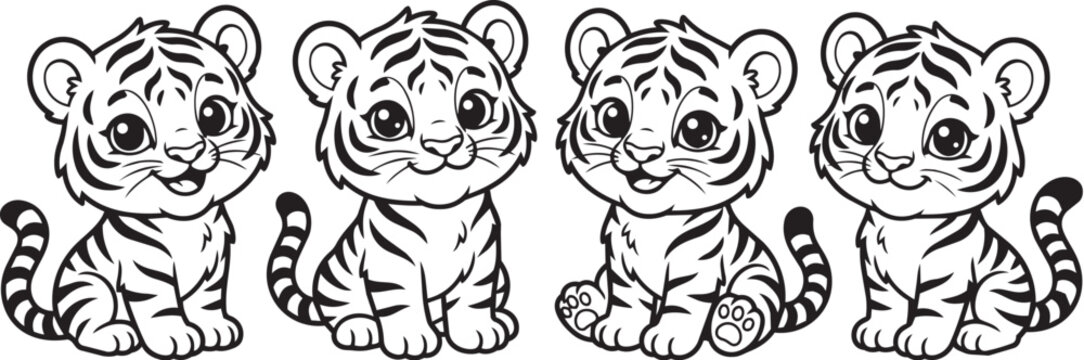 Cute baby tiger cubs in a simple line art style for coloring pages or nursery decor featuring adorable wild animal characters