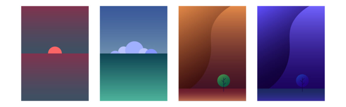 Set of desert dunes, sea and ocean posters with sunset, sunrise, day, night and lone tree, vector illustration