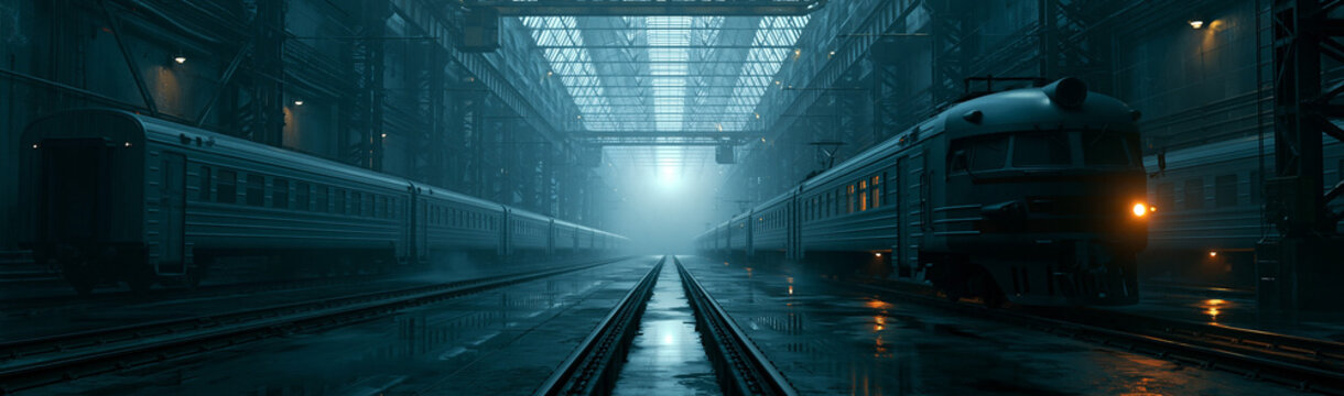 Rainy Train Station at Night: A moody and atmospheric scene of a deserted train station at night, with rain falling and lights reflecting on the wet platform.