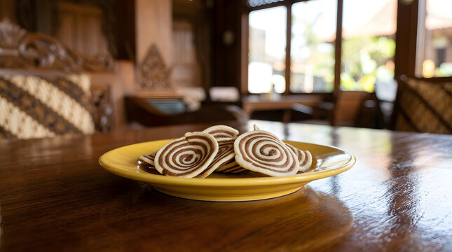 Kuping gajah (elephant ears) cake from Indonesia, a dessert that can be either fried or baked on a yellow plate against an indoor traditional restaurant at morning. Dessert and traditional food ideas
