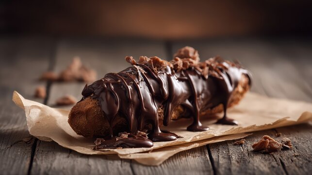 A rich chocolate-covered eclair sits on rustic parchment paper. Decadent chocolate ganache drips invitingly, creating a mouthwatering dessert scene.