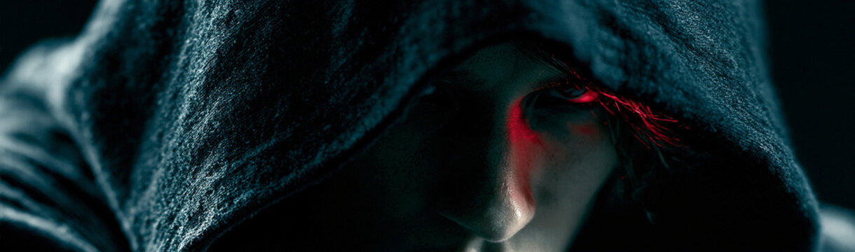 Mysterious Gaze from the Shadows: A person cloaked in a dark hood, with a hint of crimson light reflecting in their eye, emanates an aura of mystery and intrigue.
