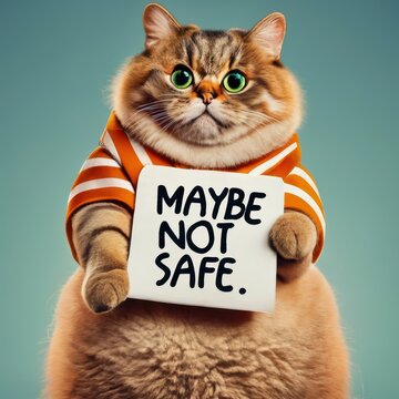 Fluffy brown cat with green eyes wearing an orange striped shirt holding a white sign with the text maybe not safe written in black ink