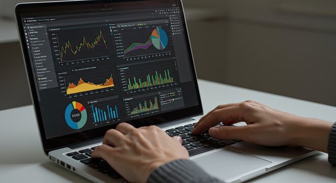 Hands Typing on Laptop with Data Charts, Modern Workplace
