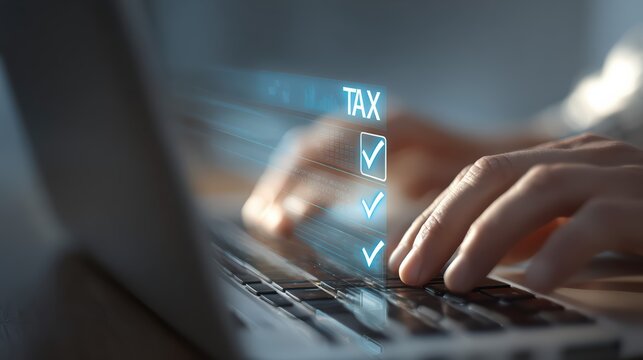 Hands typing on a laptop with a digital tax checklist overlay. This image highlights online tax filing and electronic financial document submission.