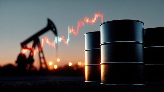 Black oil barrels stand before a working pumpjack at sunset. A glowing candlestick chart floats above, symbolizing oil price fluctuations and global commodity markets.