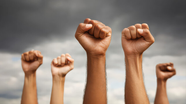 A group of raised fists symbolizes unity and strength against a dramatic sky. The photorealistic scene highlights solidarity and empowerment in a cinematic composition.