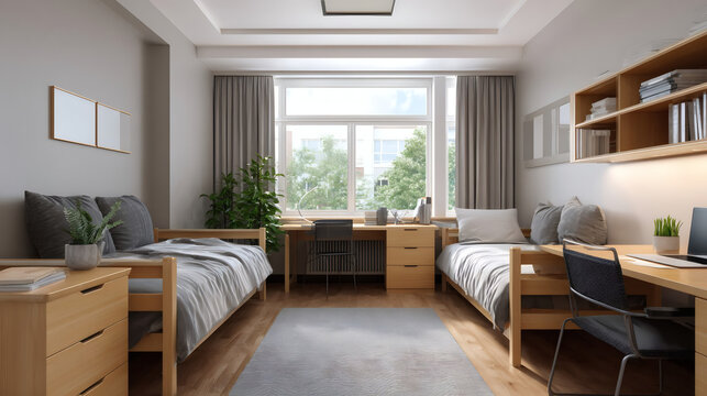 Modern student dorm room with two beds, desks, bookshelves, and large window. Cozy, bright interior in neutral colors with plants and natural light.