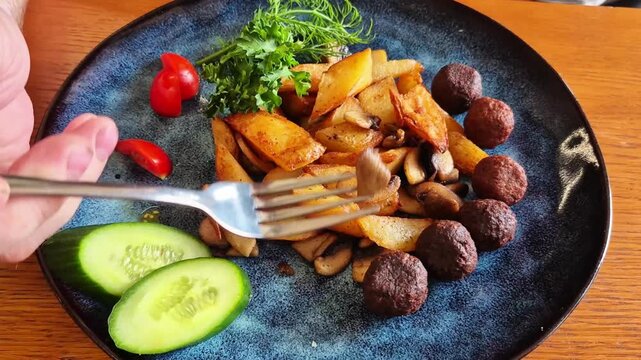 Adult's hand holding a fork over a dark blue ceramic plate with roasted potatoes, soy meatballs, mushrooms, sliced cucumber, cherry tomatoes, and fresh herbs, restaurant dining concept, healthy meal