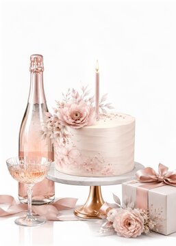 Elegant Birthday Cake Champagne And Gift Arrangement With Soft Blush Florals