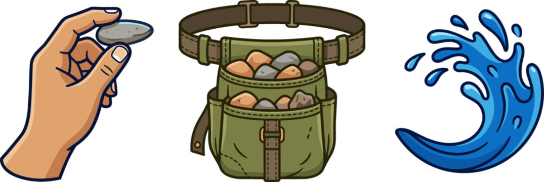 Stone Skipping and Rock Skipping Vector Illustration Set Featuring Hand Holding Flat Skipping Stone, Pouch Waist Belt Bag, and Blue Water Wave Splash