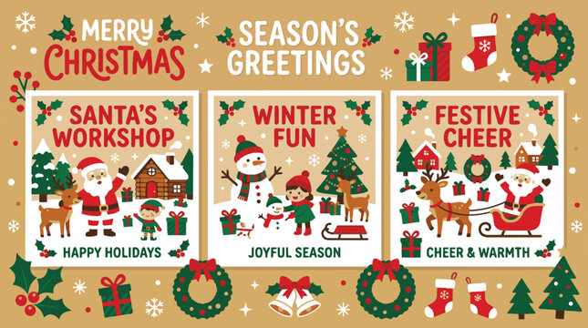 Christmas holiday greeting card collage with Santa Claus, snowman, reindeer, and festive winter decorations vector art