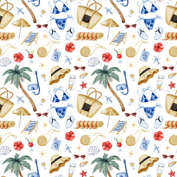 Watercolor seamless pattern with summer beach essentials: palm tree, swimwear, accessories, and vacation vibes.