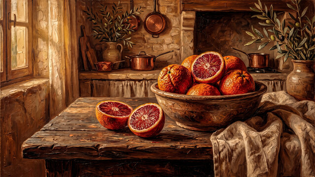 Sicilian Blood Orange Kitchen Still Life Materic Oil Painting: The Noto Orchard Harvest