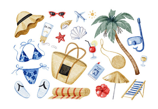 Watercolor illustration of summer beach essentials: palm tree, swimwear, accessories, and vacation vibes. Clipart set.