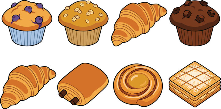 Bakery Pastry Vector Collection with Croissants, Muffins, Cinnamon Roll, Pain au Chocolat, and Mille Feuille Dessert Illustrations for Caf&eacute; Menu Designs