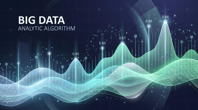 Advanced analytic algorithm landscape visualizing glowing data waves and statistical nodes for business intelligence