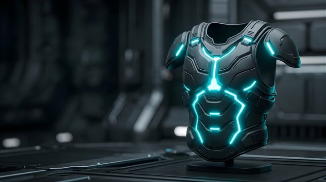 Futuristic glowing neon chest armor suit for children in a sci-fi room
