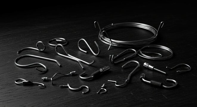 Assorted Silver Metal Hardware on Dark Surface Still Life