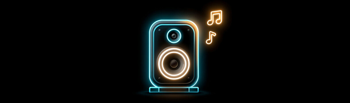 Neon Speaker with Musical Notes: A stylized illustration of a speaker emitting neon blue light, with two glowing musical notes floating above, set against a dark background.