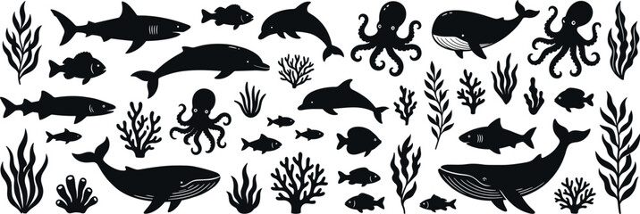Marine life black silhouette vector collection of whales, sharks, dolphins, fish, and coral © VectoPro