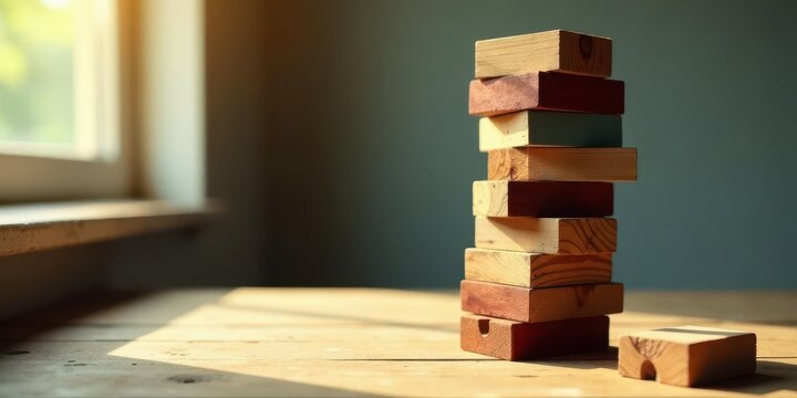 A precarious stack of wooden blocks on a sunlit table, representing risk, balance, and the potential for collapse