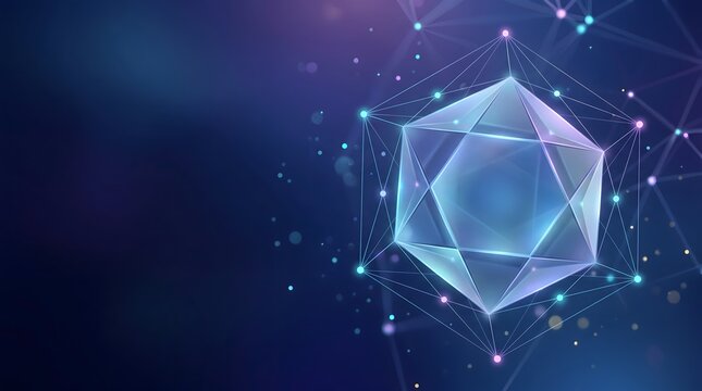 Cryptography algorithm concept showing a glowing 3D icosahedron geometric shape floating within a decentralized data network wireframe