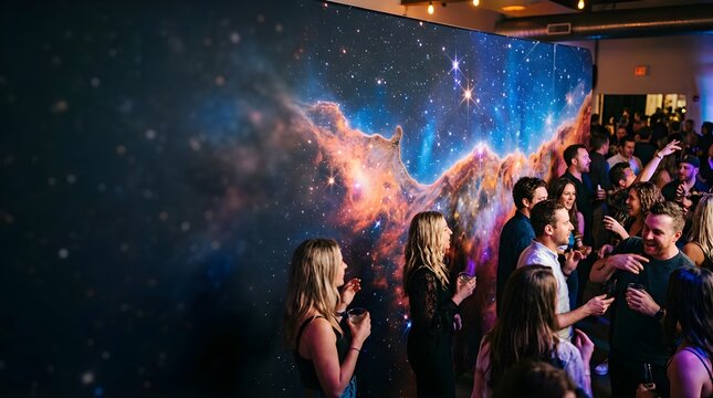 Happy friends chatting and drinking at a night space themed event party