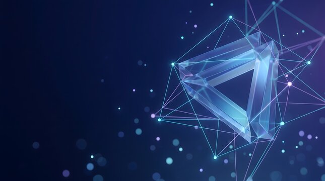 Glowing translucent triangle network node representing decentralized data structure and futuristic cryptography