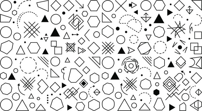 Black and white abstract pattern with various geometric shapes like circles squares triangles hexagons and lines on surface