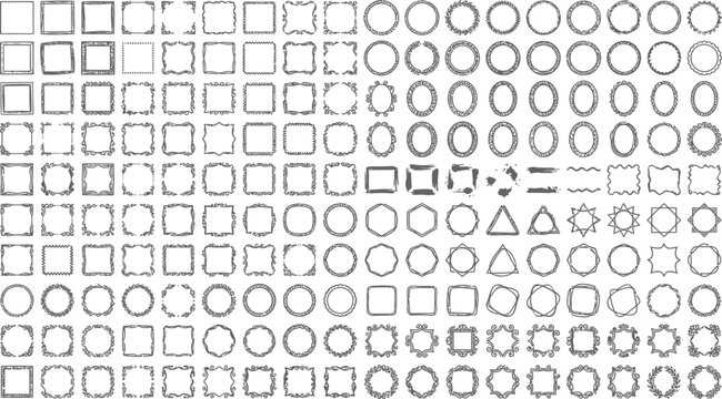 Large collection of geometric shape frames and decorative border elements in black outline style for graphic design projects