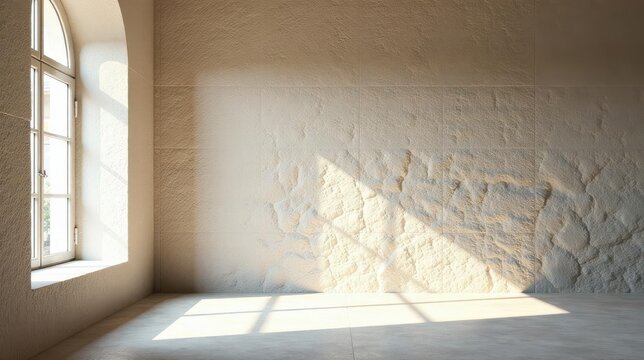 Sunlit Room with Textured Walls and Arch Window