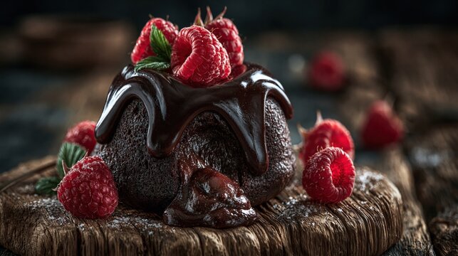 Rich chocolate dessert topped with fresh raspberries and drizzled with dark glaze.