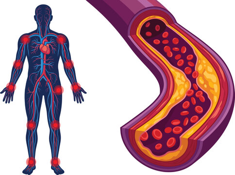Atherosclerosis and human circulatory system vector illustration showing cholesterol plaque buildup in blood vessel