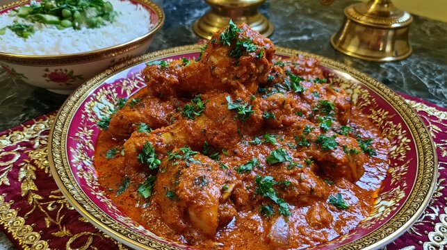 Savory chicken pieces coated in a rich, reddish sauce are presented on an ornate platter.
