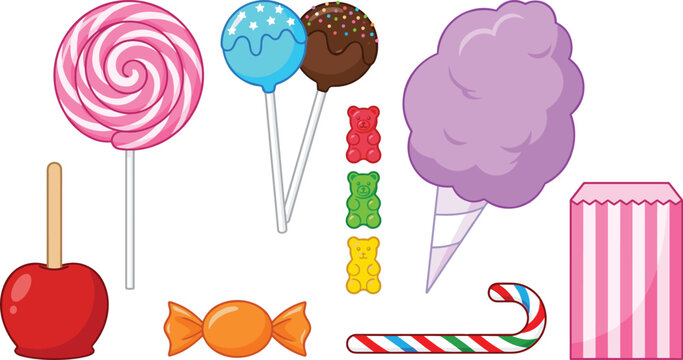 Candy Shop Sweets Collection with Lollipop Cotton Candy Gummy Bears Candy Apple Cake Pops and Colorful Confectionery Vector Illustration Set